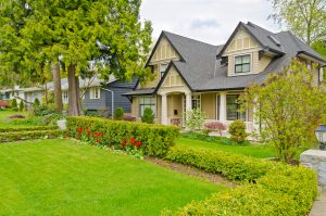 Large suburban home with lush landscaping and a grey asphalt shingle roof 